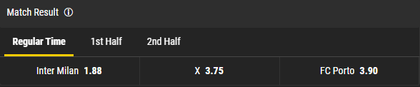 Línea 1X2 de Bwin para el partido Inter Milán – Oporto