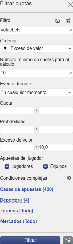 Valuebets filter in mobile version